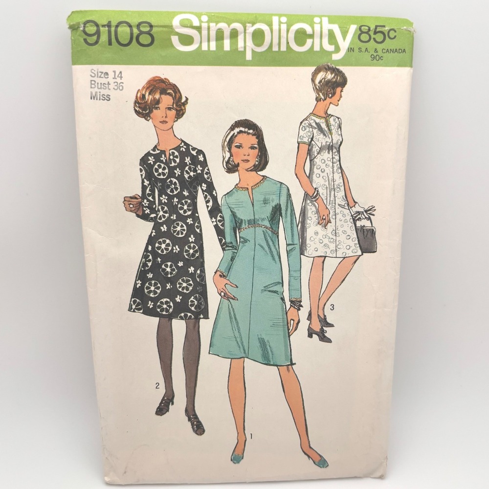 Vintage Simplicity 9108 Pattern 1970s Mod A-Line Dress Uncut Size 14 Bust 36